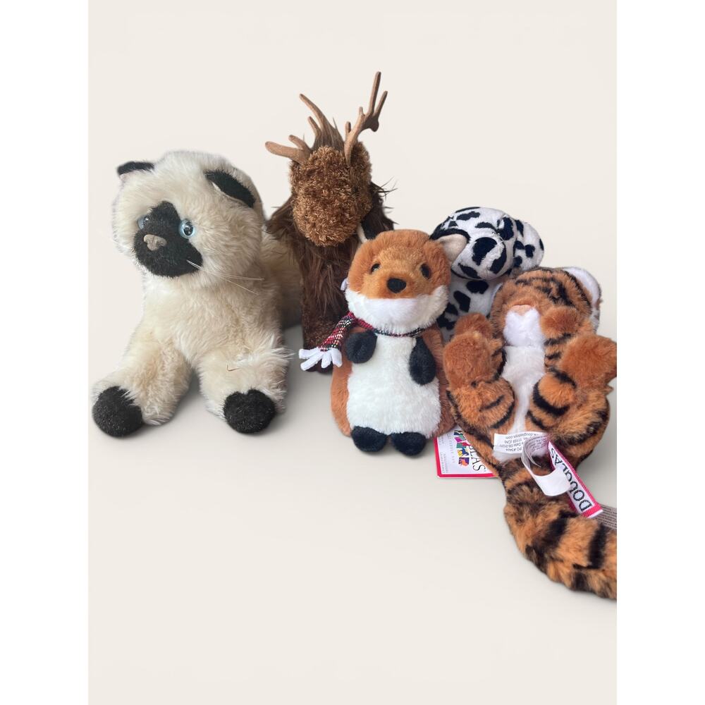 Title: Douglas Cuddle Toys Plush Bundle Lot of 5 (Fox Tiger Cat Dalmatian Moose